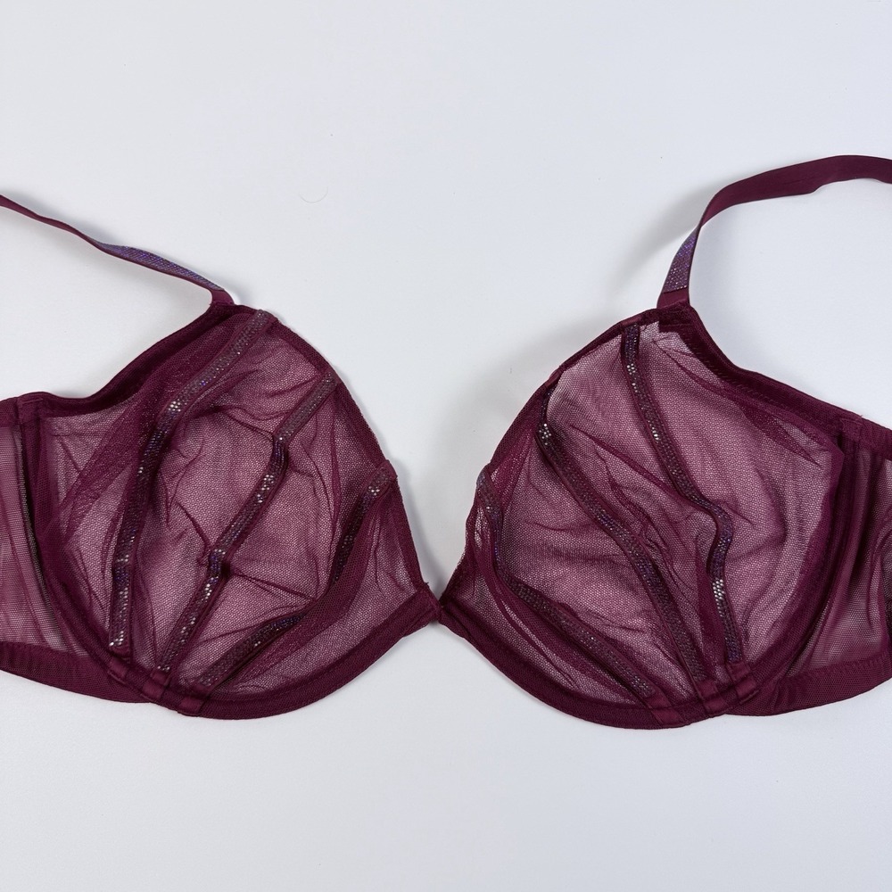 Victoria's Secret Very Sexy Shimmer Strap Mesh Demi Low Cut Bra 38DD Burgundy